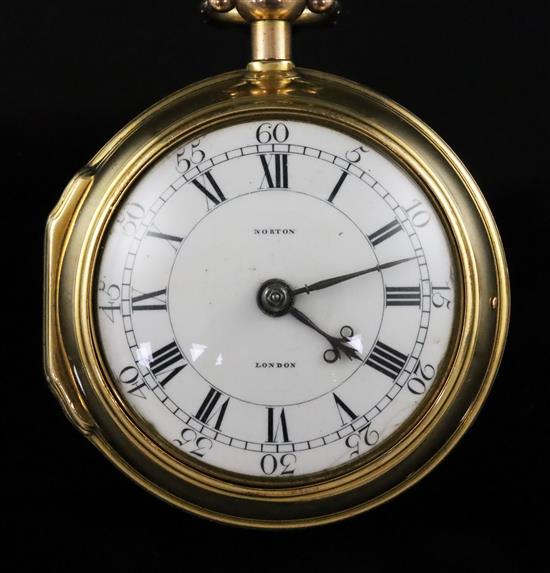 Eardley Norton, London, a George III gold pair-cased keywind cylinder pocket watch, No. 3019, the case dated 1772,